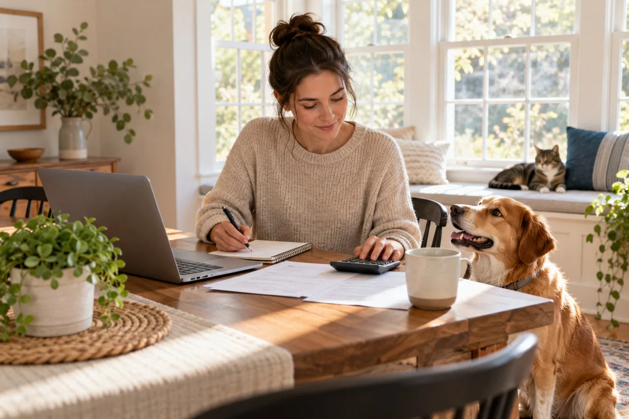 Owner reviewing a laptop and papers with a dog and cat nearby